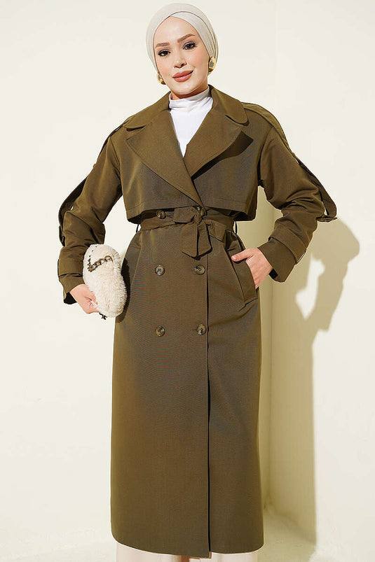 Trench-Coat Long Avec Cape Sur La Poitrine Et Ceinture En Kaki