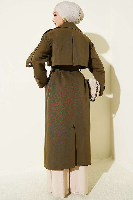 Trench-Coat Long Avec Cape Sur La Poitrine Et Ceinture En Kaki