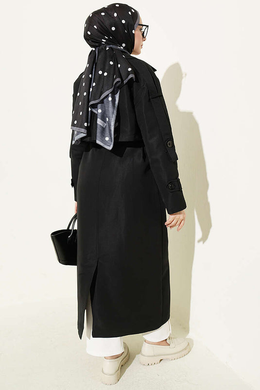 Langer Trenchcoat Mit Brustcape Und Gürtel In Schwarz