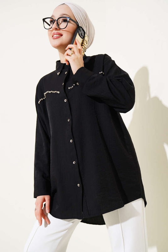 Shirt with Chest Stone Sequence in Black