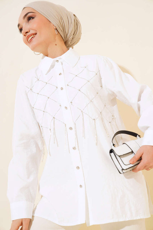 Borststeen en ketting Gedetailleerd overhemd Ecru