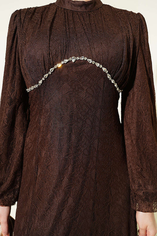 Evening Dress with Chest Stones and Lace, Brown