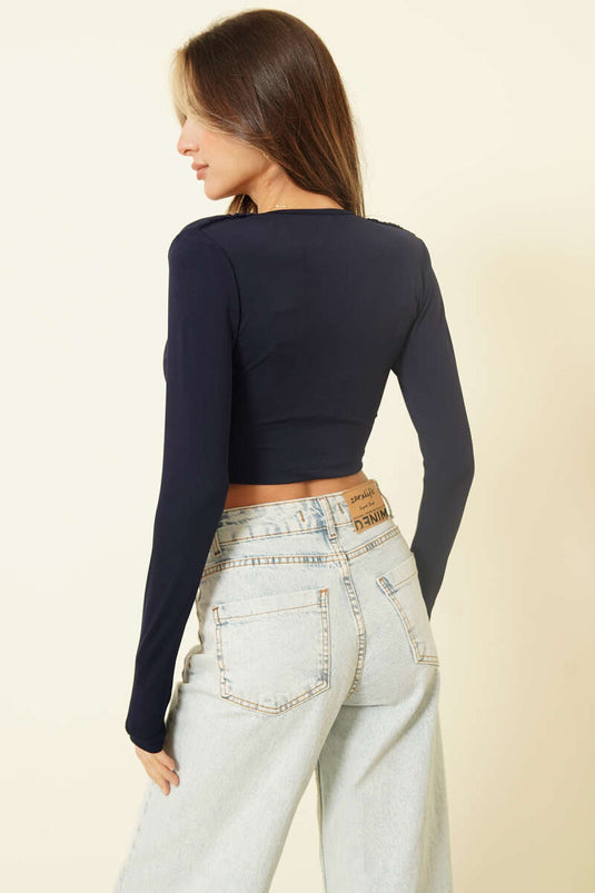 Long Sleeve Crop Top with Chest Buckle, Navy Blue