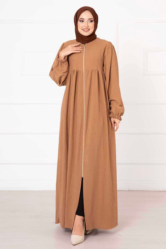 Göğüsten Robalı Kolu Fırfırlı Ferace Camel