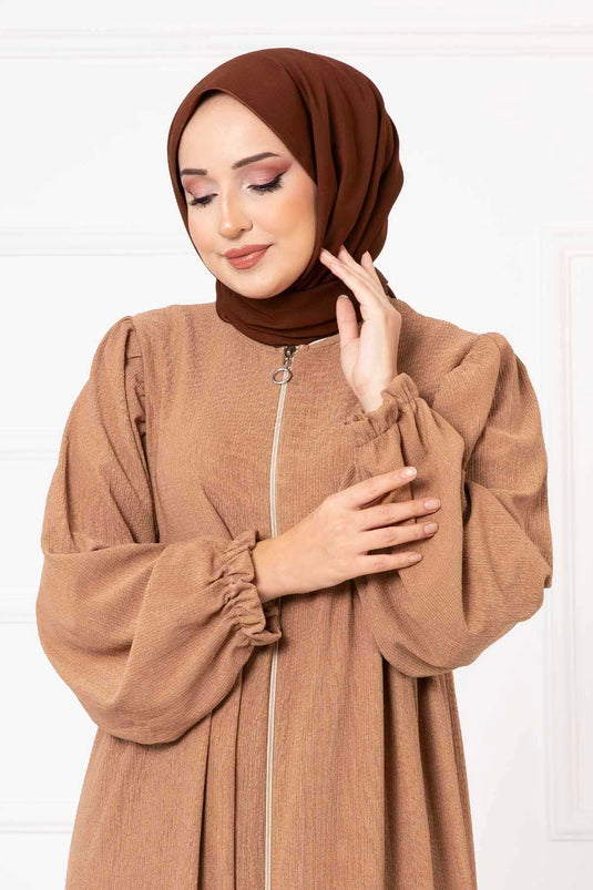 Göğüsten Robalı Kolu Fırfırlı Ferace Camel