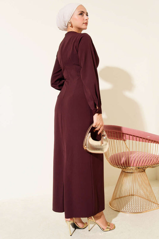 Burgundy Evening Gown with Gold Accessories