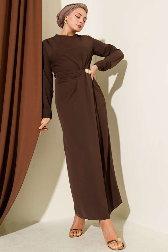 Evening Gown with Gold Accessories - Coffee