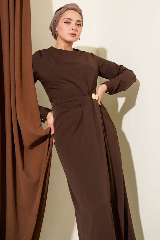 Evening Gown with Gold Accessories - Coffee