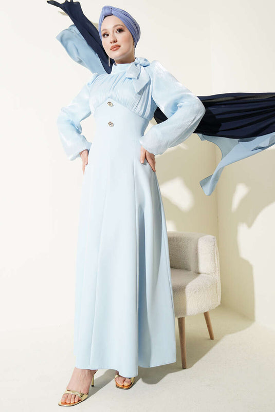 Robe de soirée à manches ballon avec accessoires dorés Bleu bébé