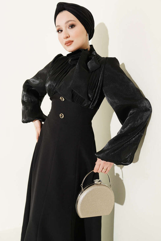 Black Evening Dress with Balloon Sleeves and Gold Accessories