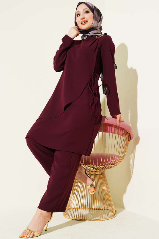 Burgundy Two-Piece Set with Gold Accessory and Drawstring