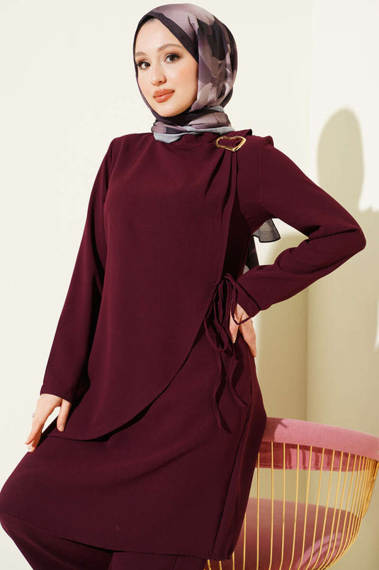 Burgundy Two-Piece Set with Gold Accessory and Drawstring