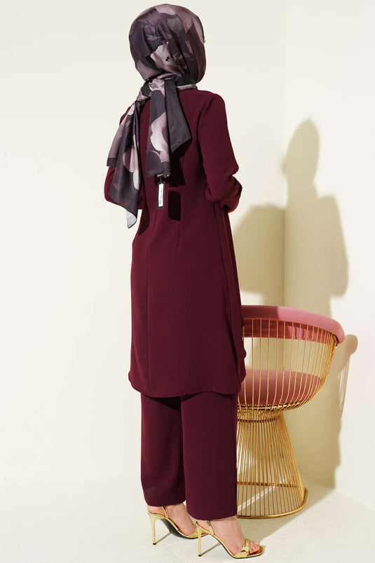 Burgundy Two-Piece Set with Gold Accessory and Drawstring