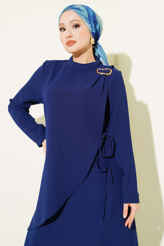 Navy Blue Two-Piece Set with Gold Accessories and Drawstring