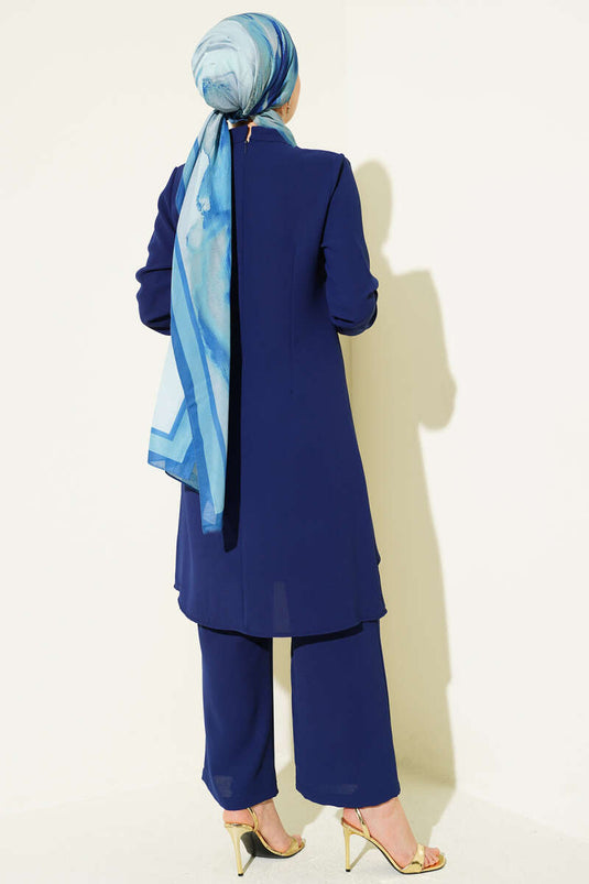 Navy Blue Two-Piece Set with Gold Accessories and Drawstring