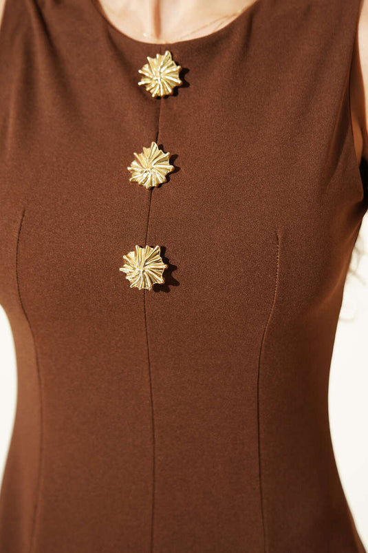 Mini Dress with Gold Accessories, Sleeveless, Brown