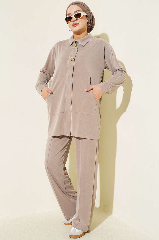 Beige Tencel Two-Piece Set With Gold Accessories