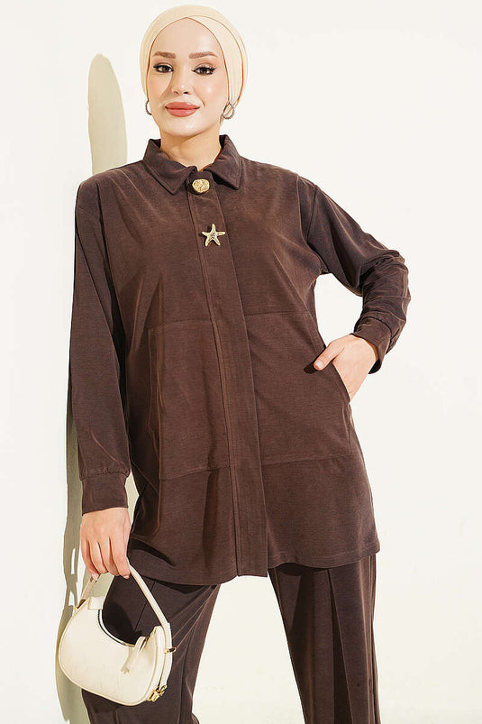 Goud Geklede Tencel Twee-Delige Set In Bruin