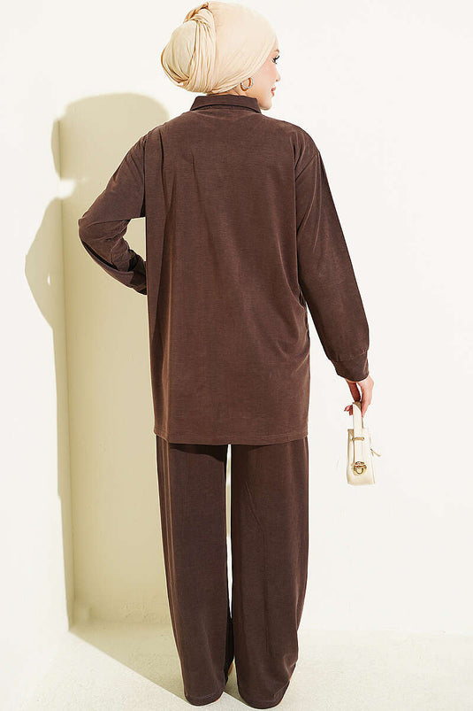 Goud Geklede Tencel Twee-Delige Set In Bruin
