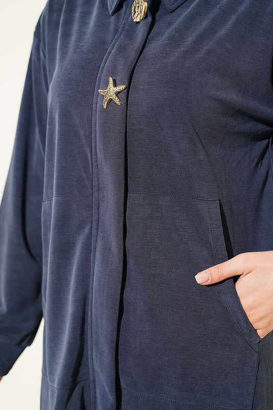 Navy Blue Tencel Two-Piece Set With Gold Accessories