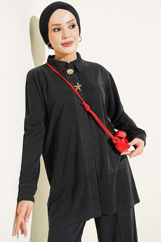 Gold Accessorized Tencel Two-Piece Set Black