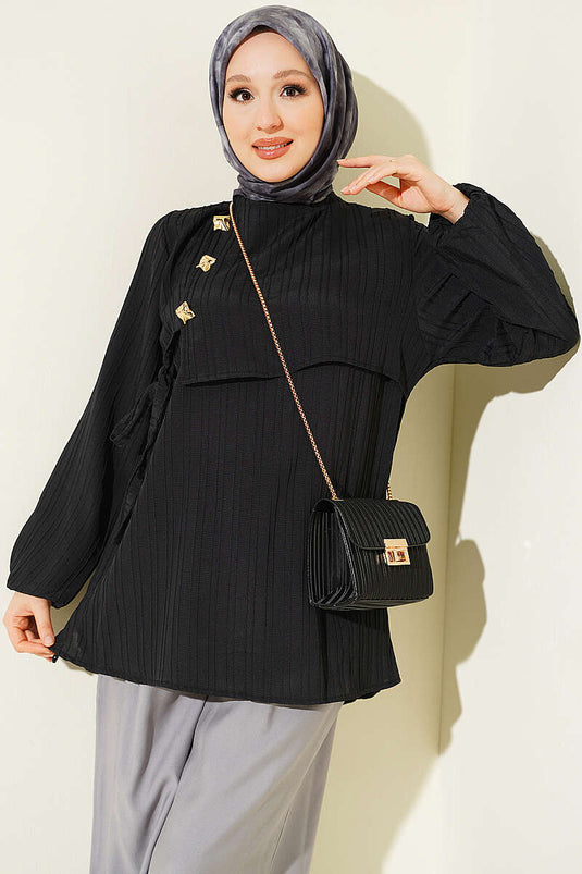 Gold Embellished Tie-Detail Black Tunic