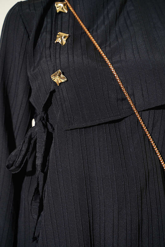 Gold Embellished Tie-Detail Black Tunic