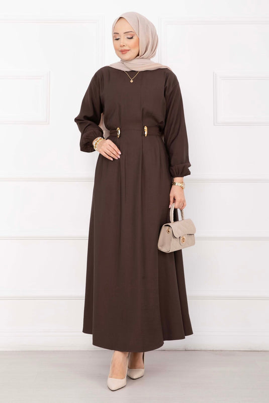 Robe Tesettür avec Détail Ceinture Broche Or Marron