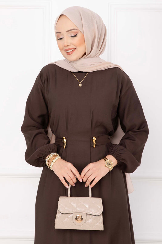 Robe Tesettür avec Détail Ceinture Broche Or Marron