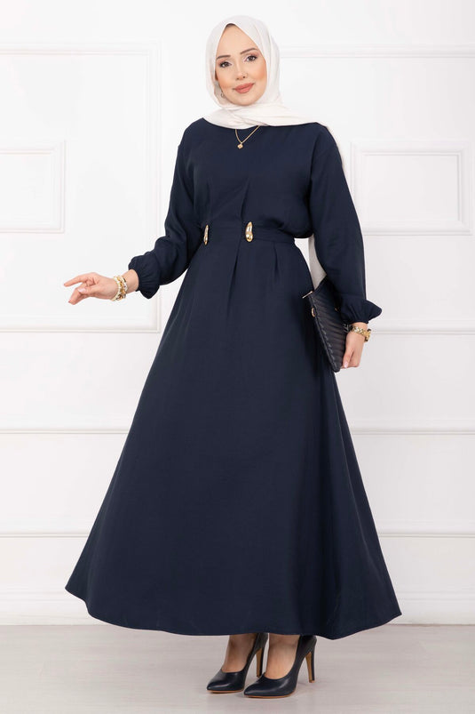 Gold Brooch Waist Detail Modest Dress Navy Blue