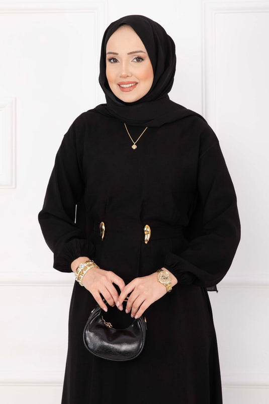 Robe Tesettür Noire avec Détail Ceinture Broche Dorée
