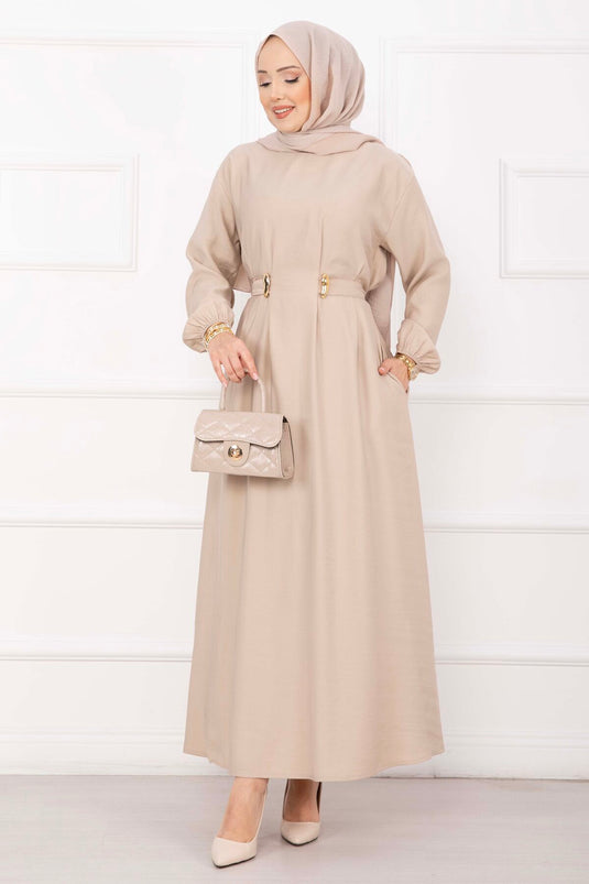 Robe Tesettür avec Détail Ceinture Broche Or Pierre