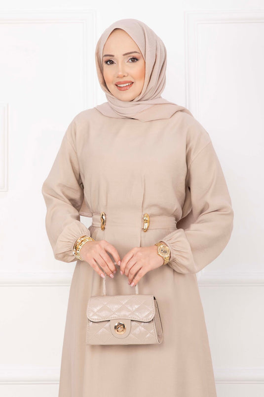 Robe Tesettür avec Détail Ceinture Broche Or Pierre