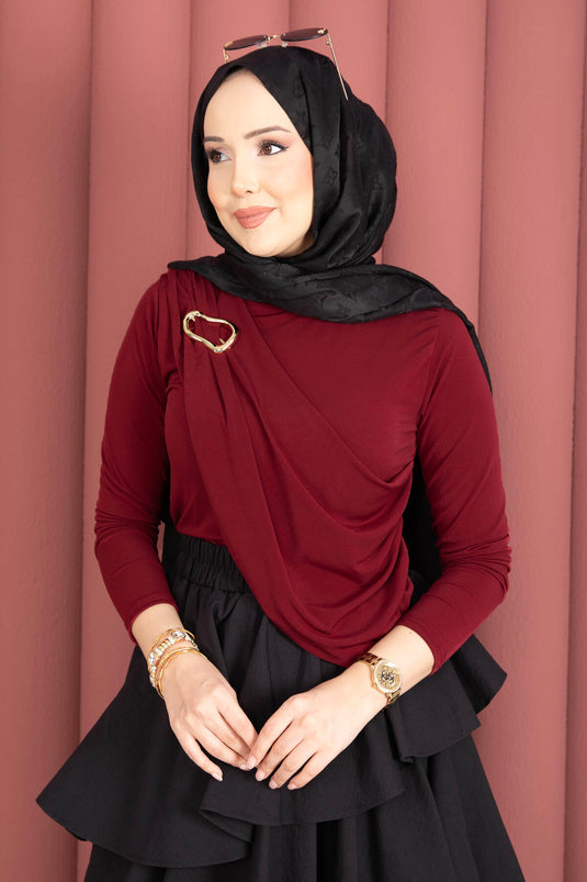 Gold Broş Detaylı Sandy Body Bordo