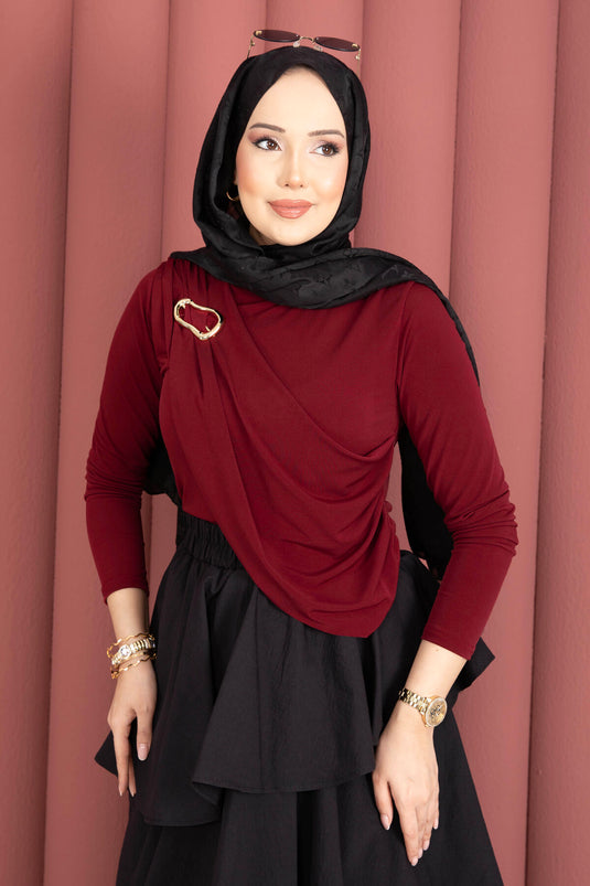 Gold Broş Detaylı Sandy Body Bordo