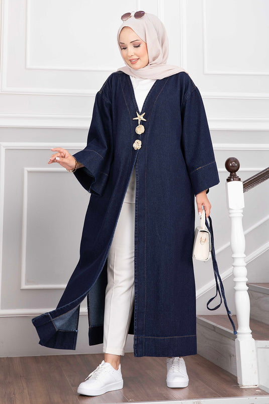 Navy Long Denim Kimono With Gold Brooch And Tie Detail