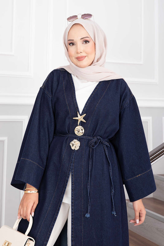 Navy Long Denim Kimono With Gold Brooch And Tie Detail