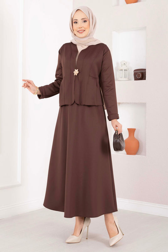 Brown Jacket and Skirt Set with Gold Brooch