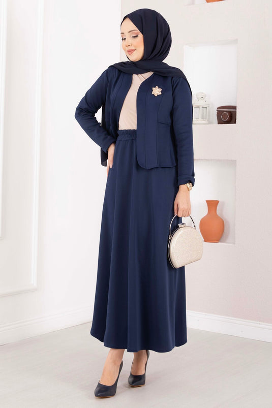 Navy Blue Jacket and Skirt Two-Piece Set with Gold Brooch