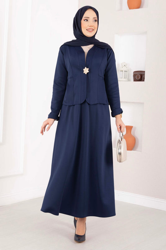 Navy Blue Jacket and Skirt Two-Piece Set with Gold Brooch