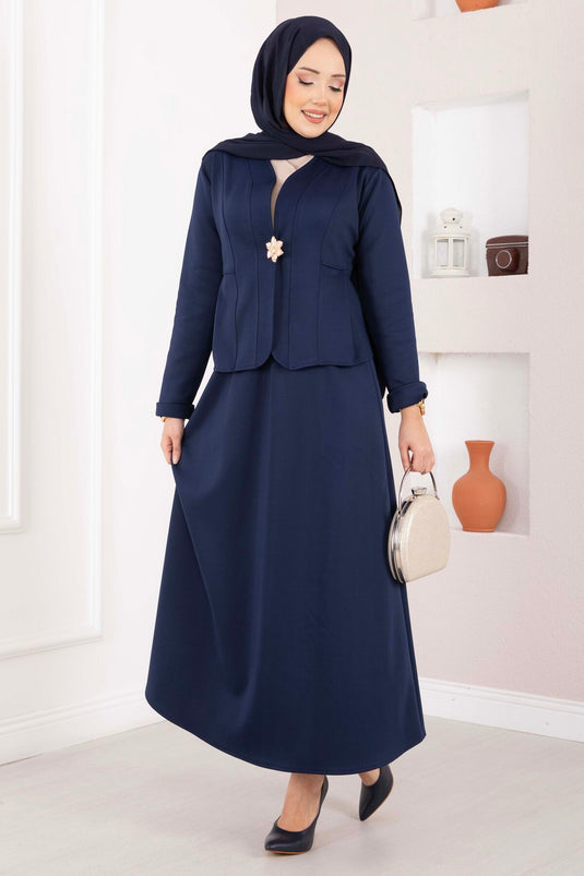 Navy Blue Jacket and Skirt Two-Piece Set with Gold Brooch