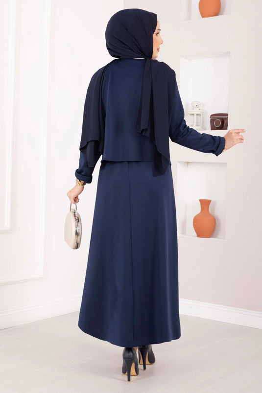 Navy Blue Jacket and Skirt Two-Piece Set with Gold Brooch