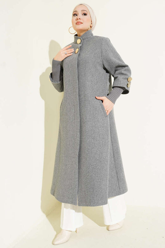 Gray Cashmere Coat with Pockets and Gold Brooch