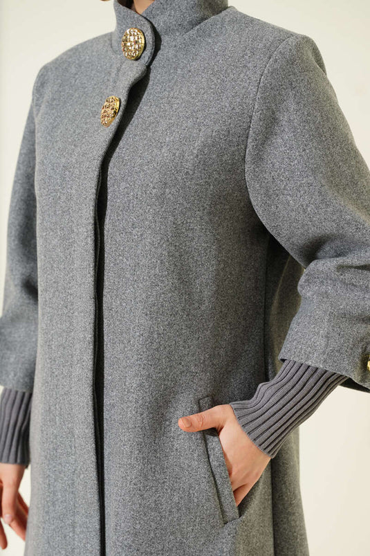 Gray Cashmere Coat with Pockets and Gold Brooch