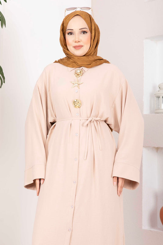Gold Broşlu Uzun Tunik Pantolon Takım Bej