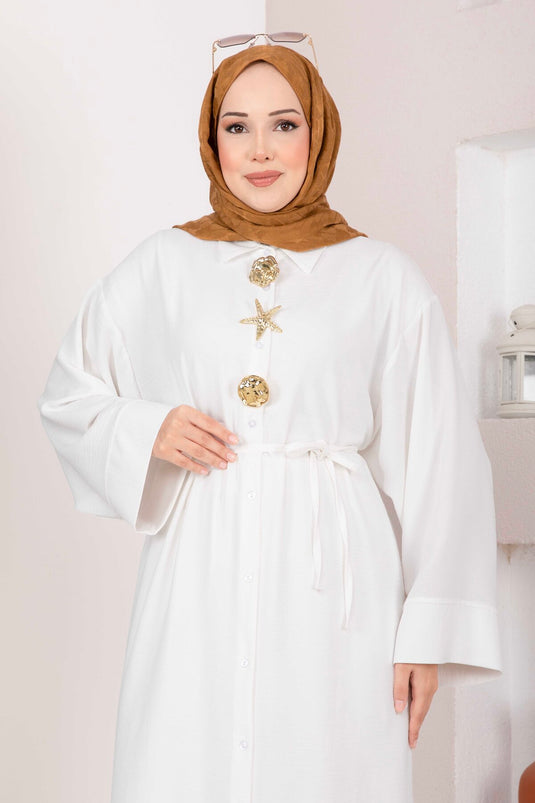 Gold Broşlu Uzun Tunik Pantolon Takım Ekru