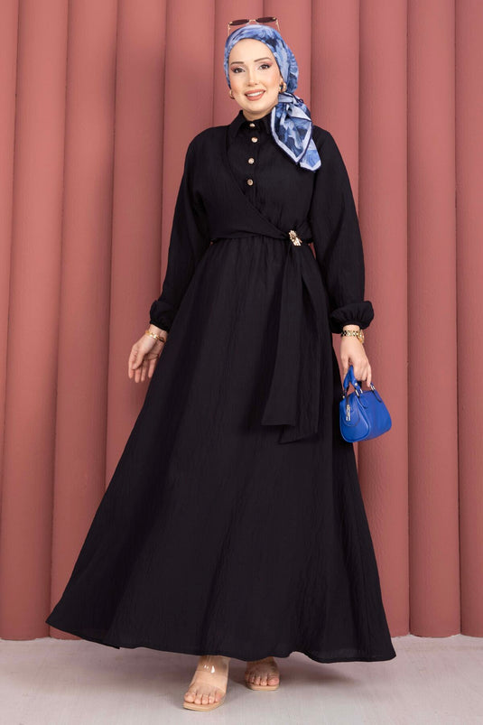 Black Modest Dress with Gold Brooch and Side Tie