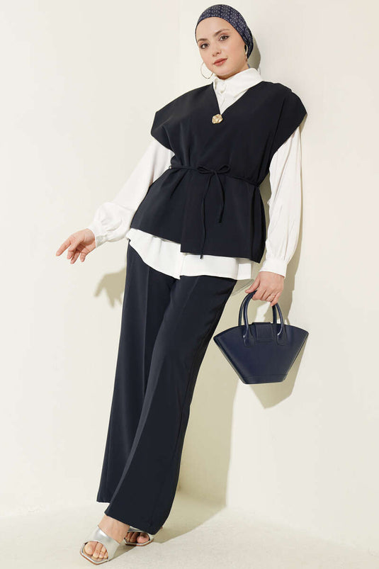 Navy Blue Two-Piece Set with Gold Brooch Vest