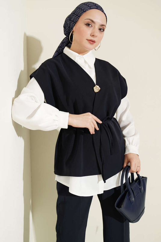 Navy Blue Two-Piece Set with Gold Brooch Vest