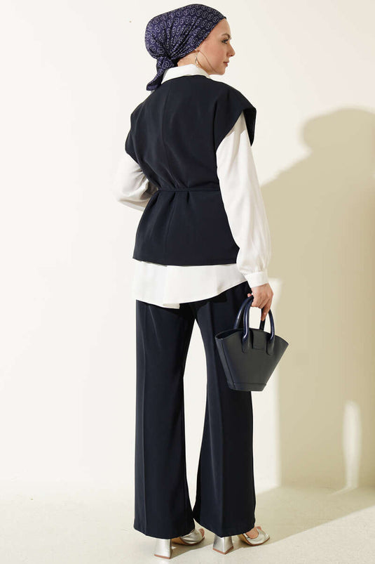 Navy Blue Two-Piece Set with Gold Brooch Vest